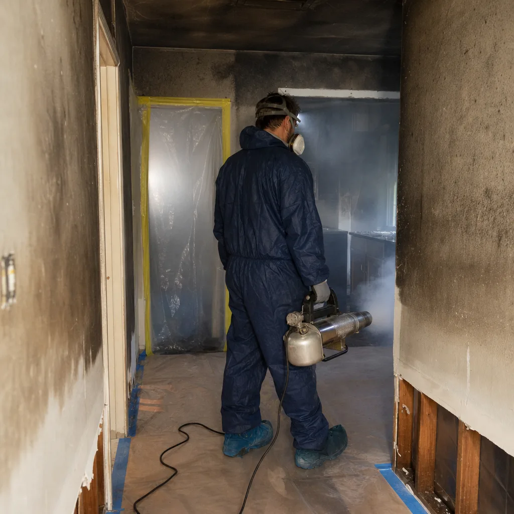Technician using fogger for professional fire and smoke damage restoration services