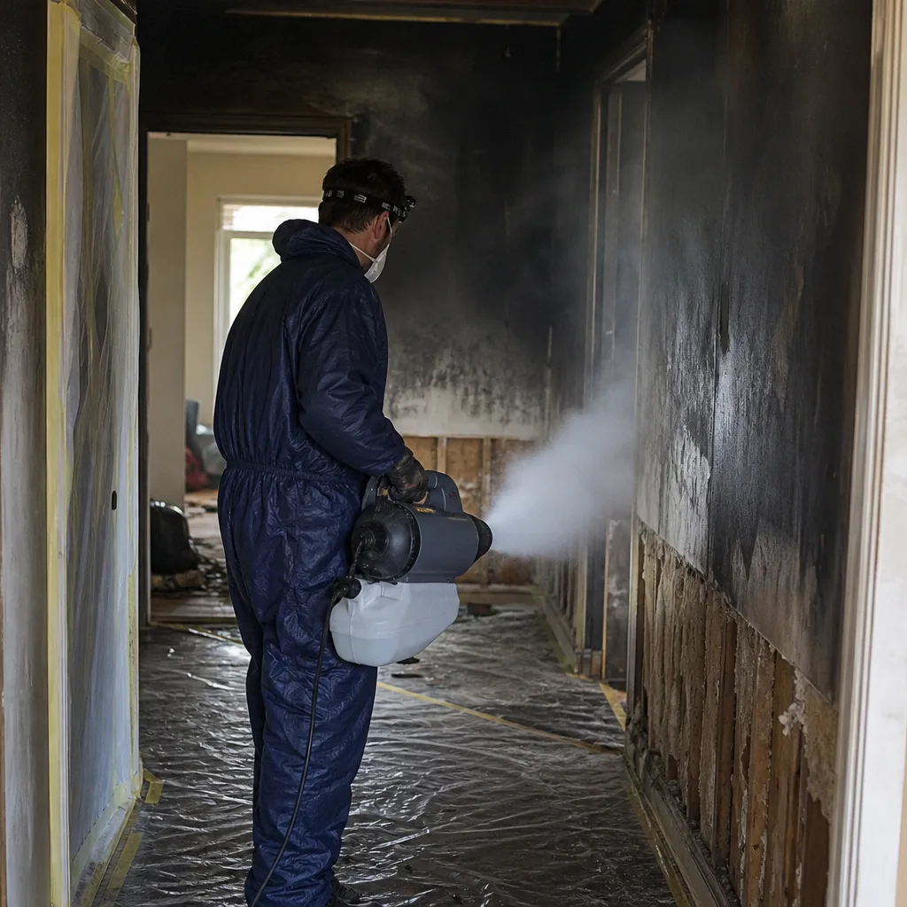 Technician performing professional fire damage restoration using a thermal fogger