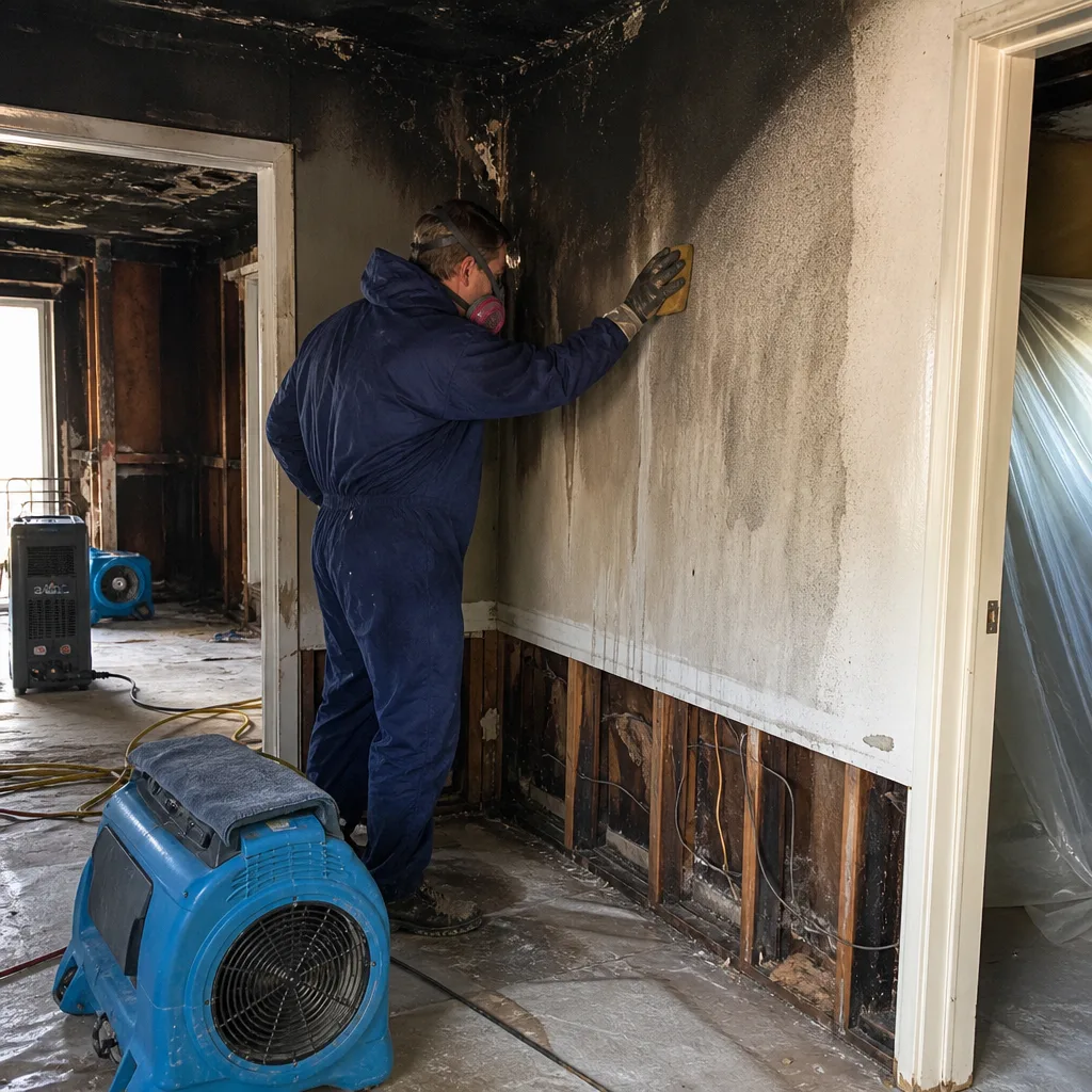 Technician performing professional fire damage restoration and soot cleanup on walls