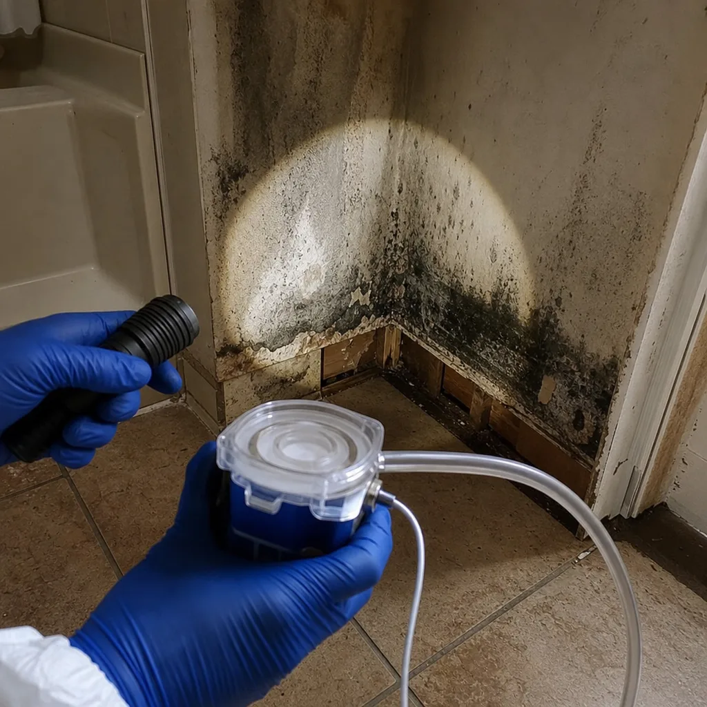 professional performing air quality testing for residential black mold remediation