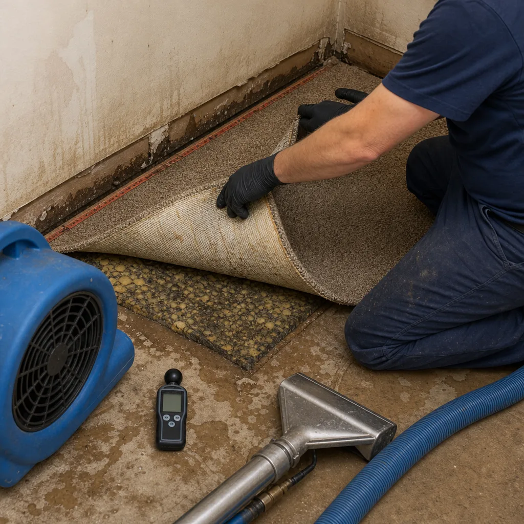Water damage restoration technician inspecting wet carpet and floor padding