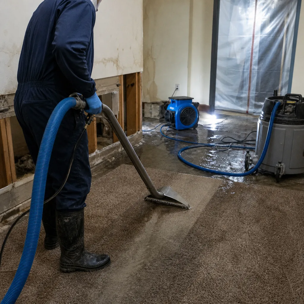 Technician using a carpet extraction tool for professional water damage restoration